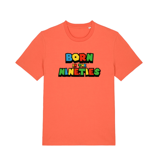 orange slogan t-shirt with 'born in the nineties'