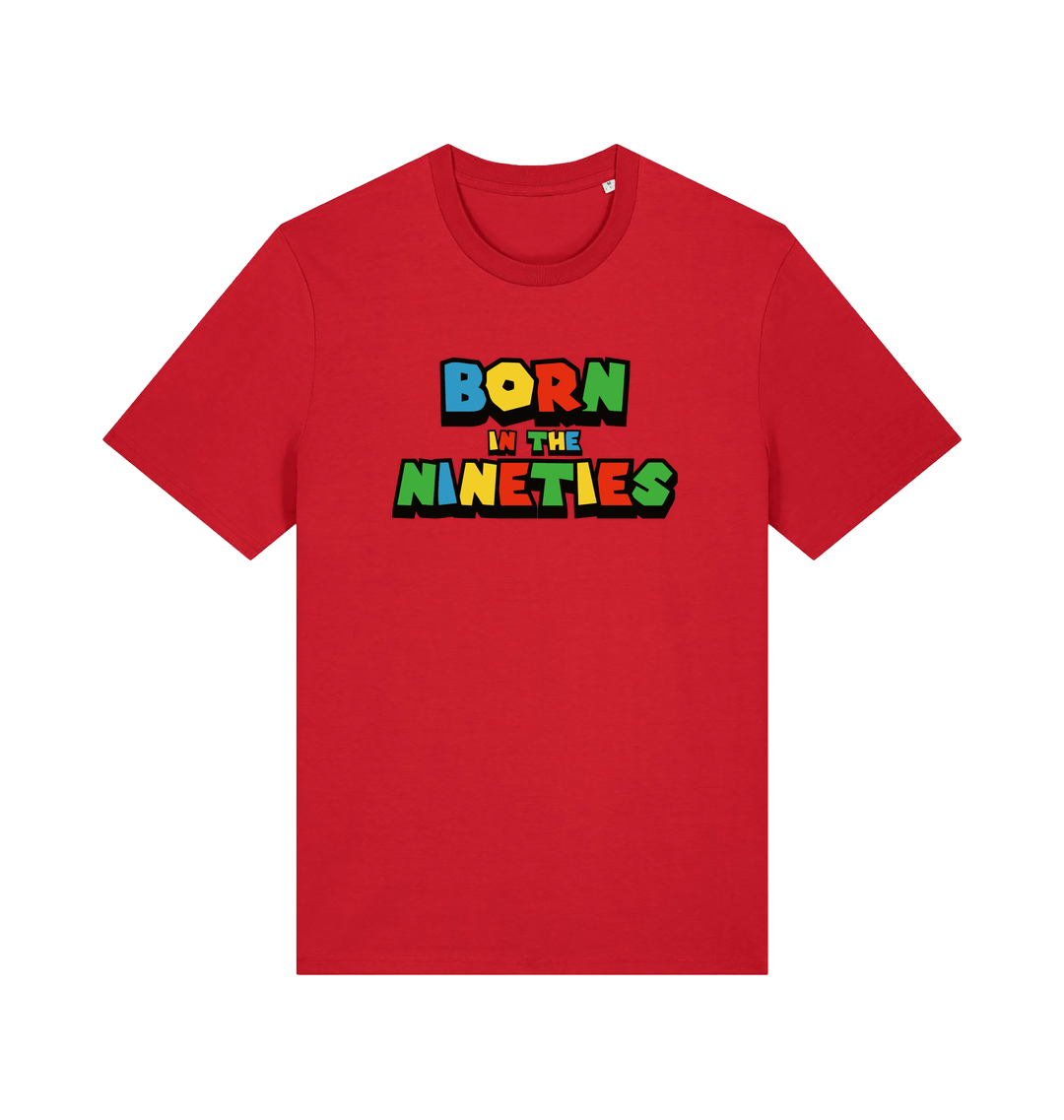 red slogan t-shirt with 'born in the nineties'