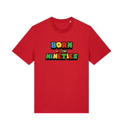 red slogan t-shirt with 'born in the nineties'