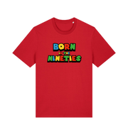 red slogan t-shirt with 'born in the nineties'