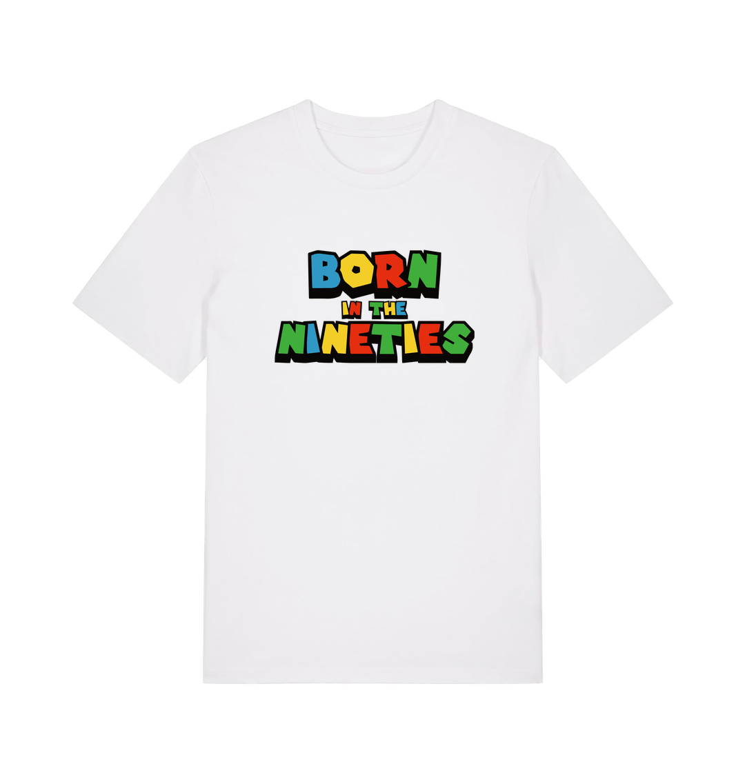 white slogan t-shirt with 'born in the nineties'