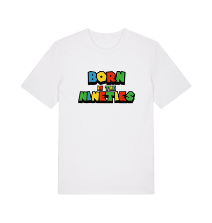 white slogan t-shirt with 'born in the nineties'