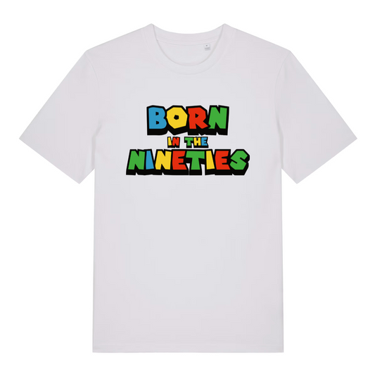white slogan t-shirt with the text 'born in the nineties'