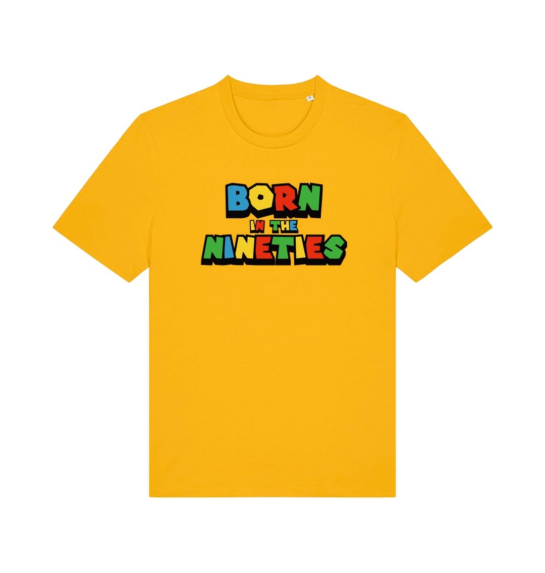 yellow slogan t-shirt with 'born in the nineties'