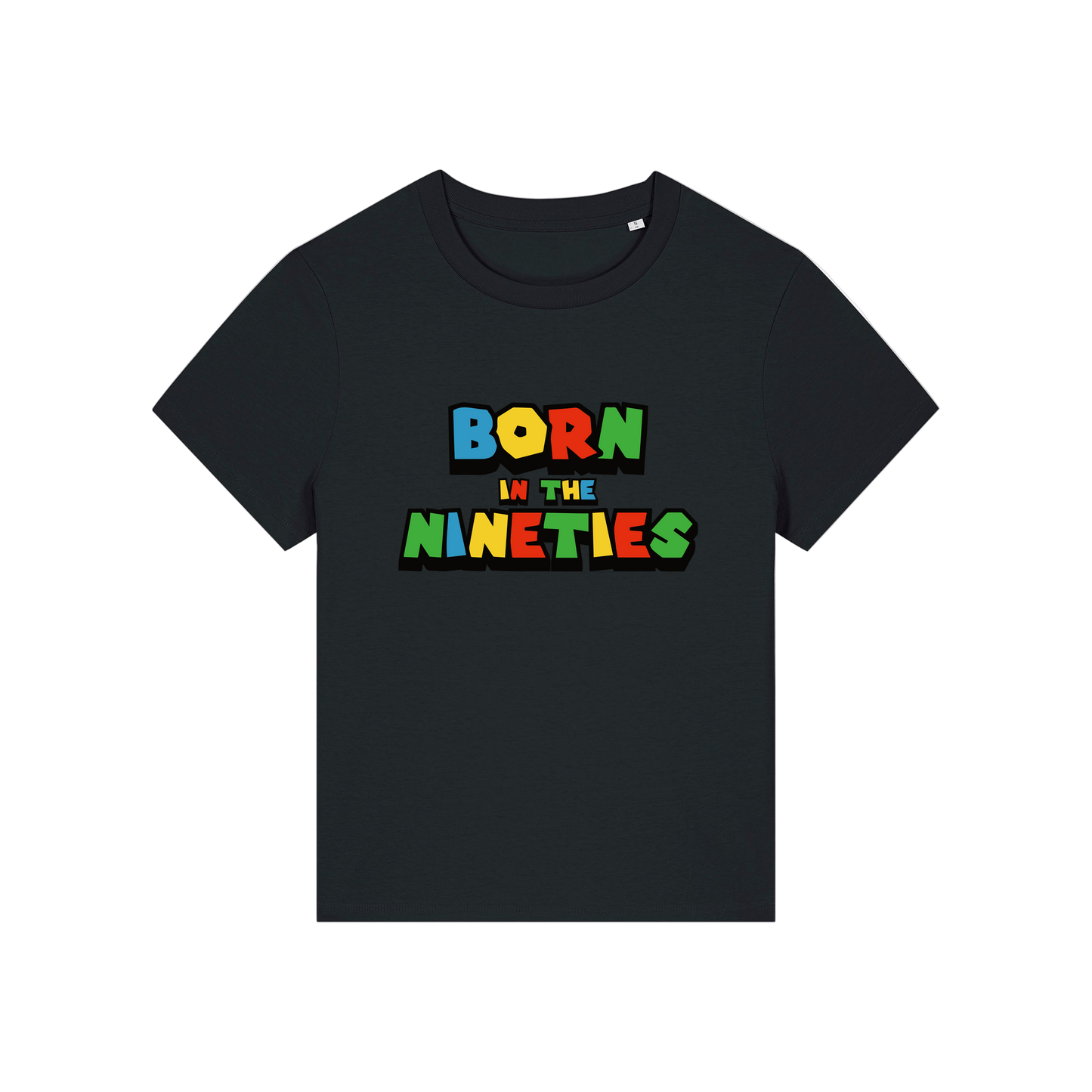 black slogan t-shirt that reads 'born in the nineties'