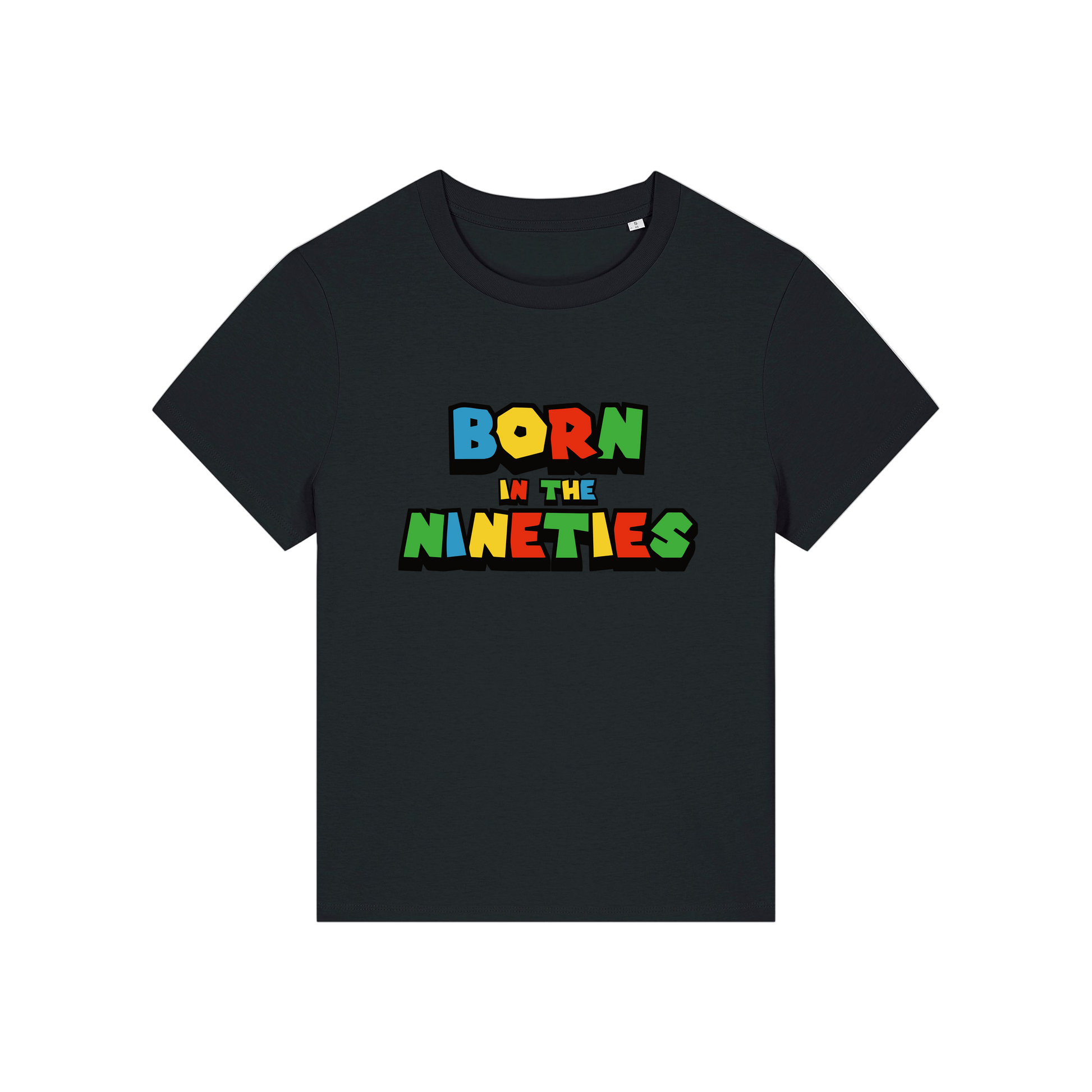 black slogan t-shirt that reads 'born in the nineties'