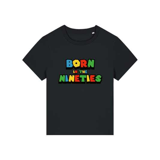 black slogan t-shirt that reads 'born in the nineties'
