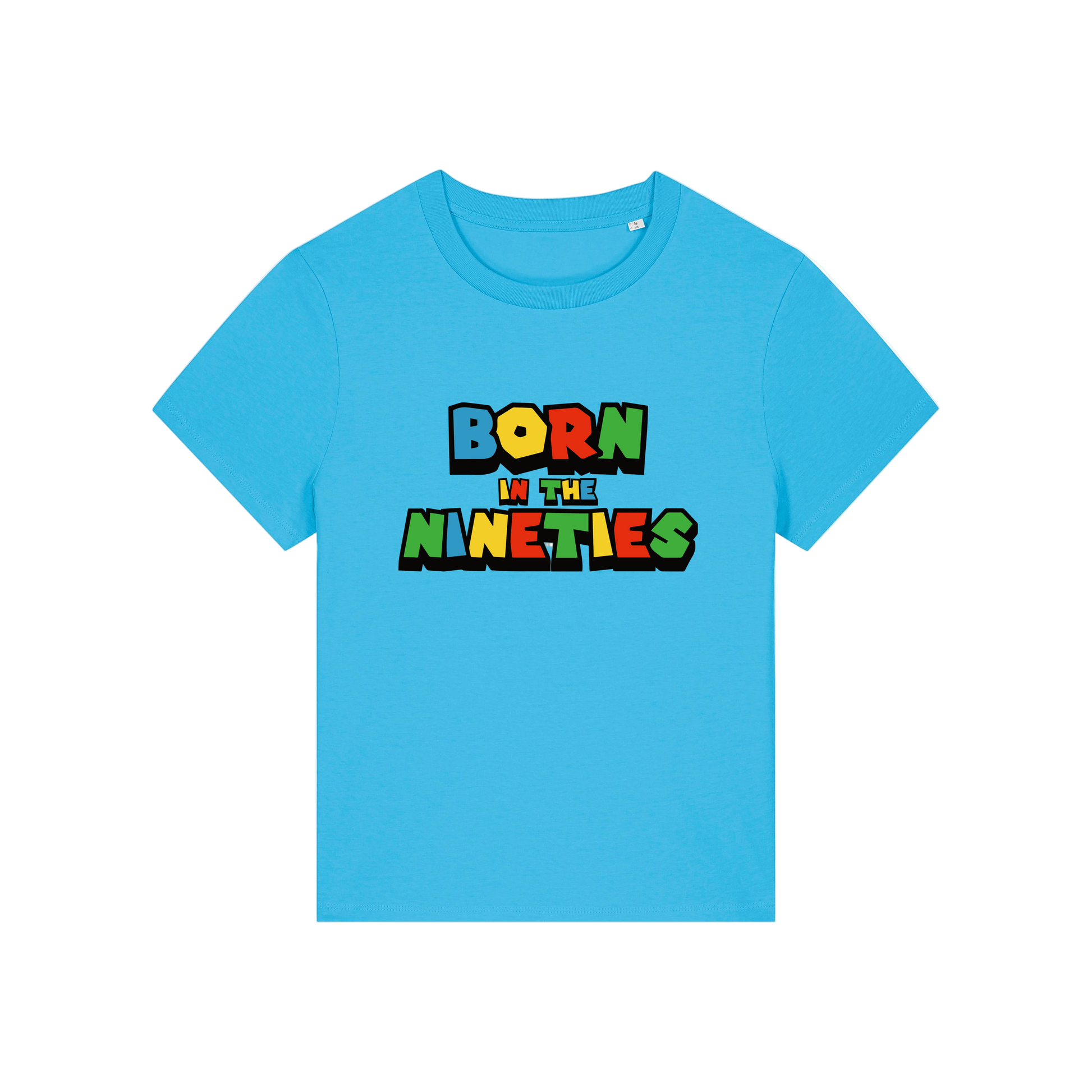 blue slogan t-shirt that reads 'born in the nineties'