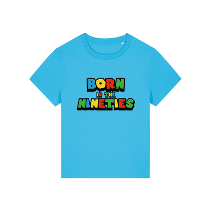 blue slogan t-shirt that reads 'born in the nineties'
