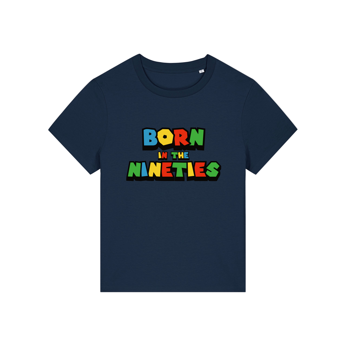 navy slogan t-shirt that reads 'born in the nineties'