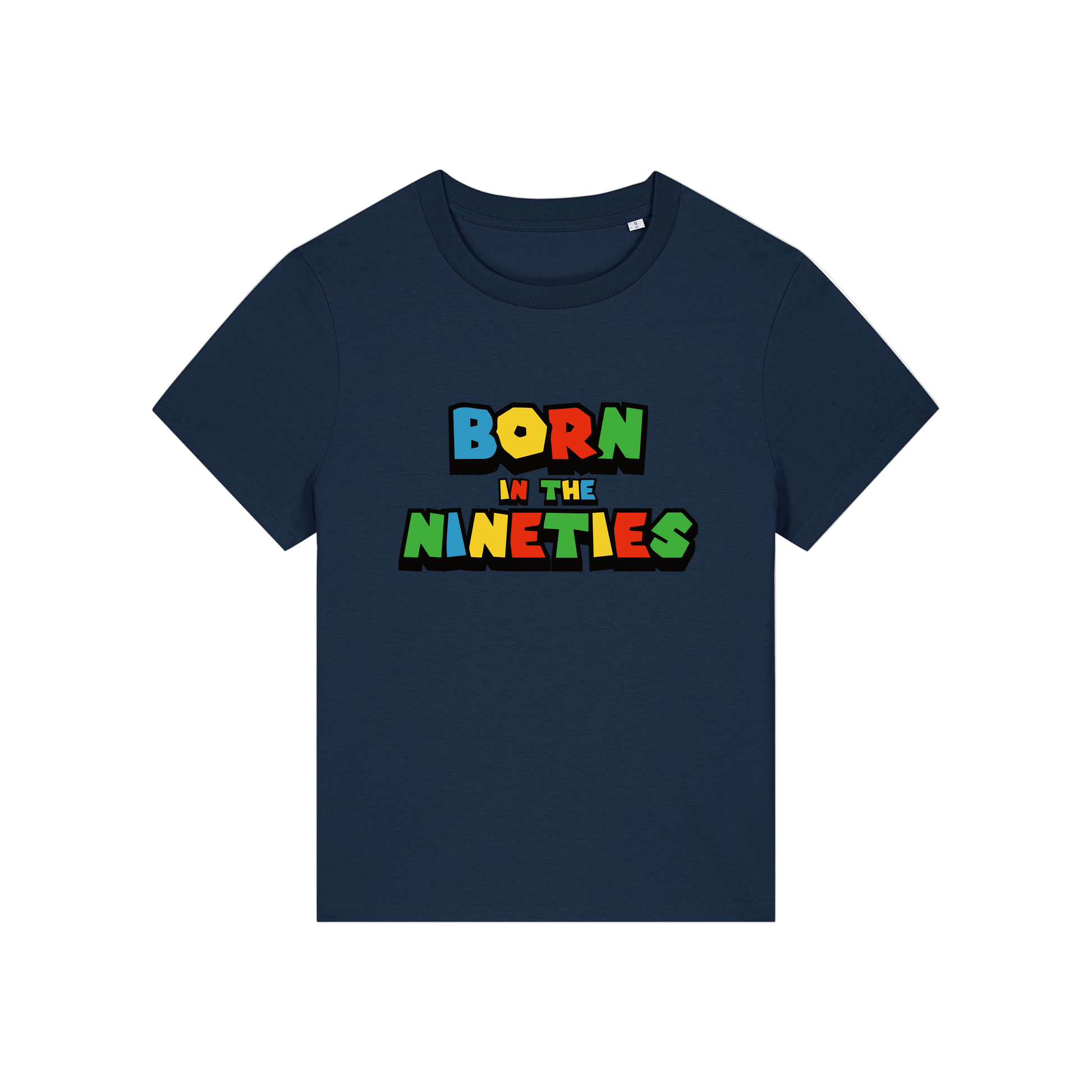 navy slogan t-shirt that reads 'born in the nineties'