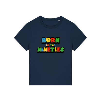 navy slogan t-shirt that reads 'born in the nineties'