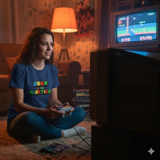 Woman playing a retro video game on an old console in a cozy room.