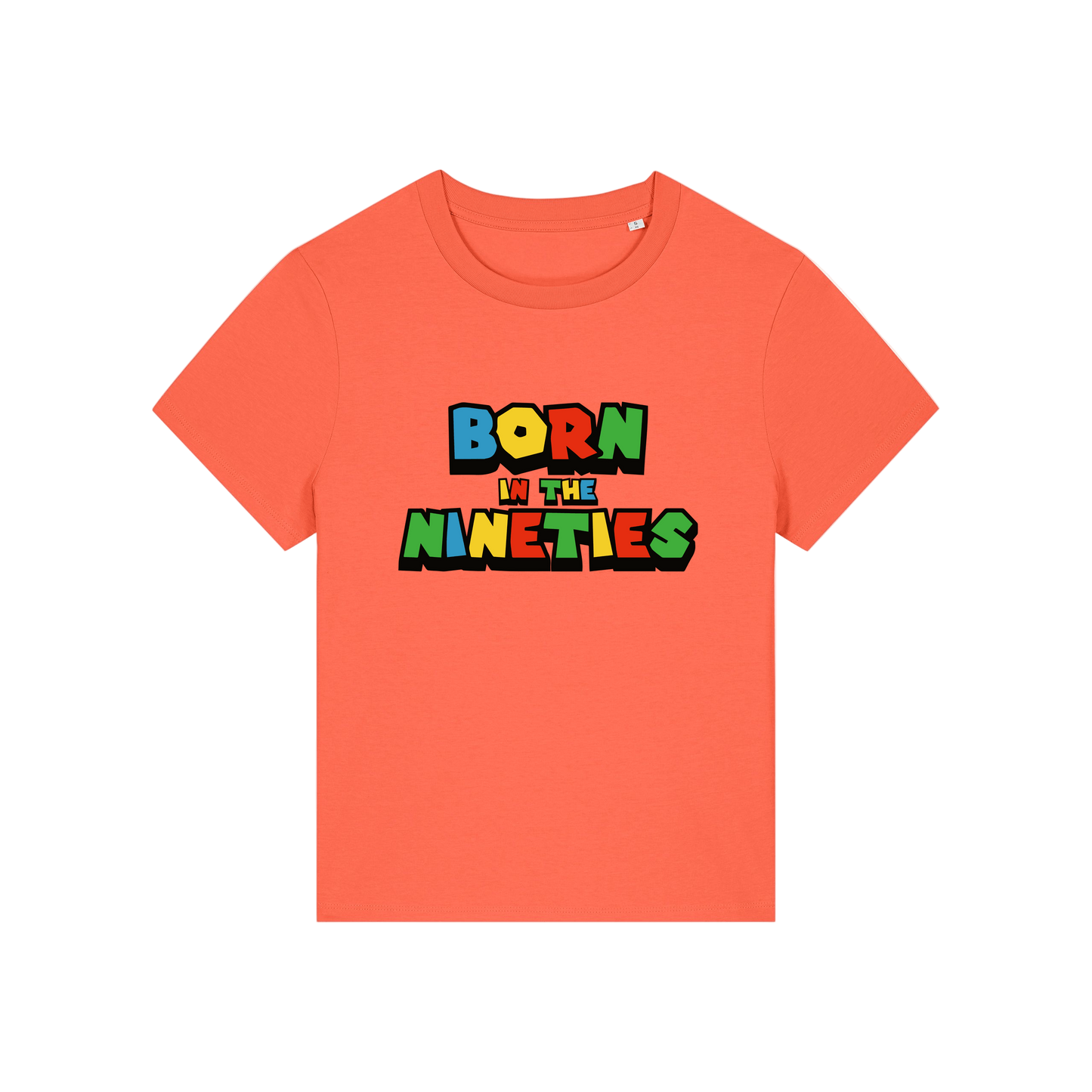 orange slogan t-shirt that reads 'born in the nineties'