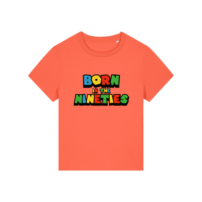orange slogan t-shirt that reads 'born in the nineties'