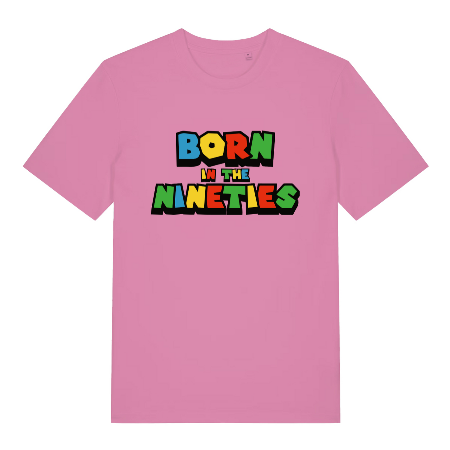 pink women's slogan t-shirt with the text 'born in the nineties'