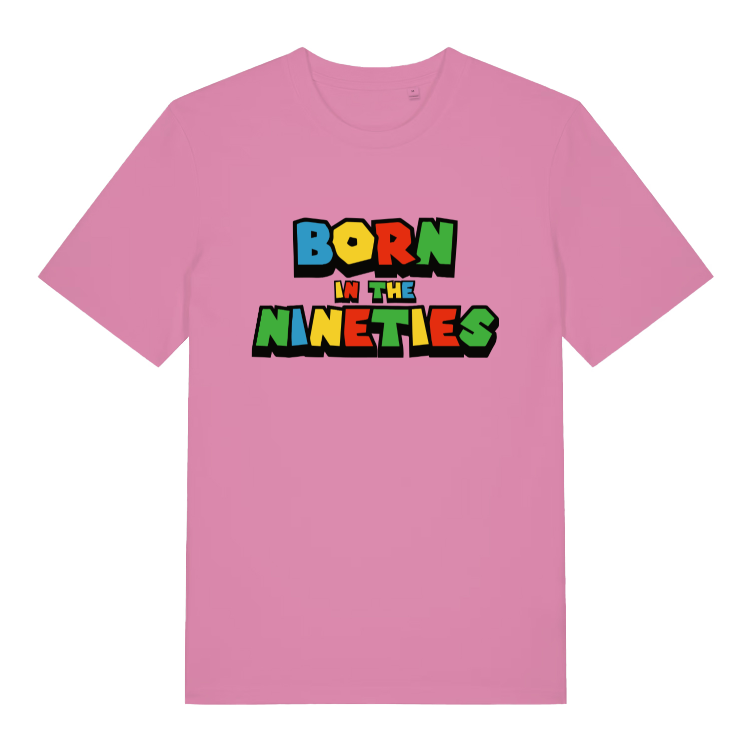 pink women's slogan t-shirt with the text 'born in the nineties'