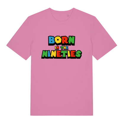 pink women's slogan t-shirt with the text 'born in the nineties'
