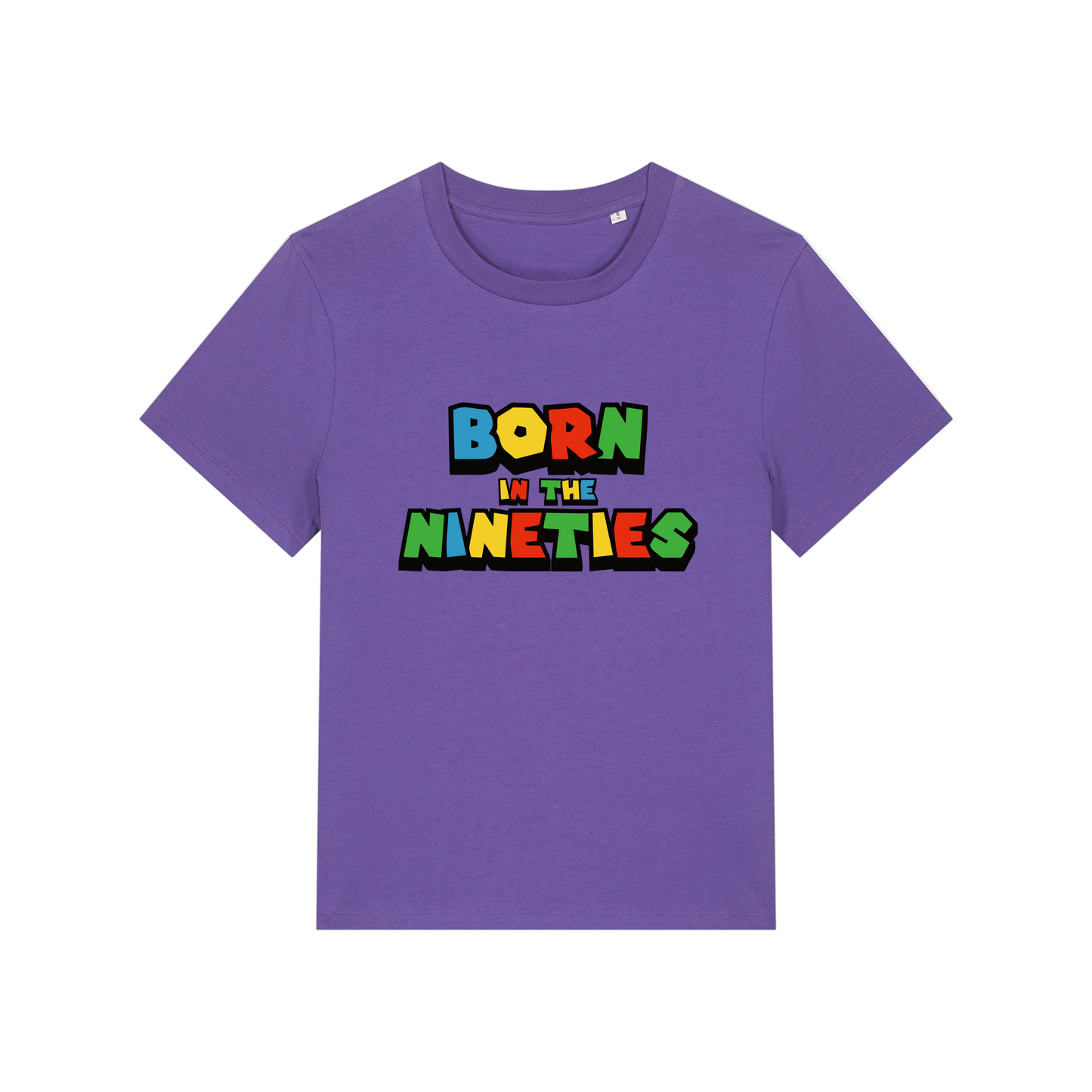 purple slogan t-shirt that reads 'born in the nineties'