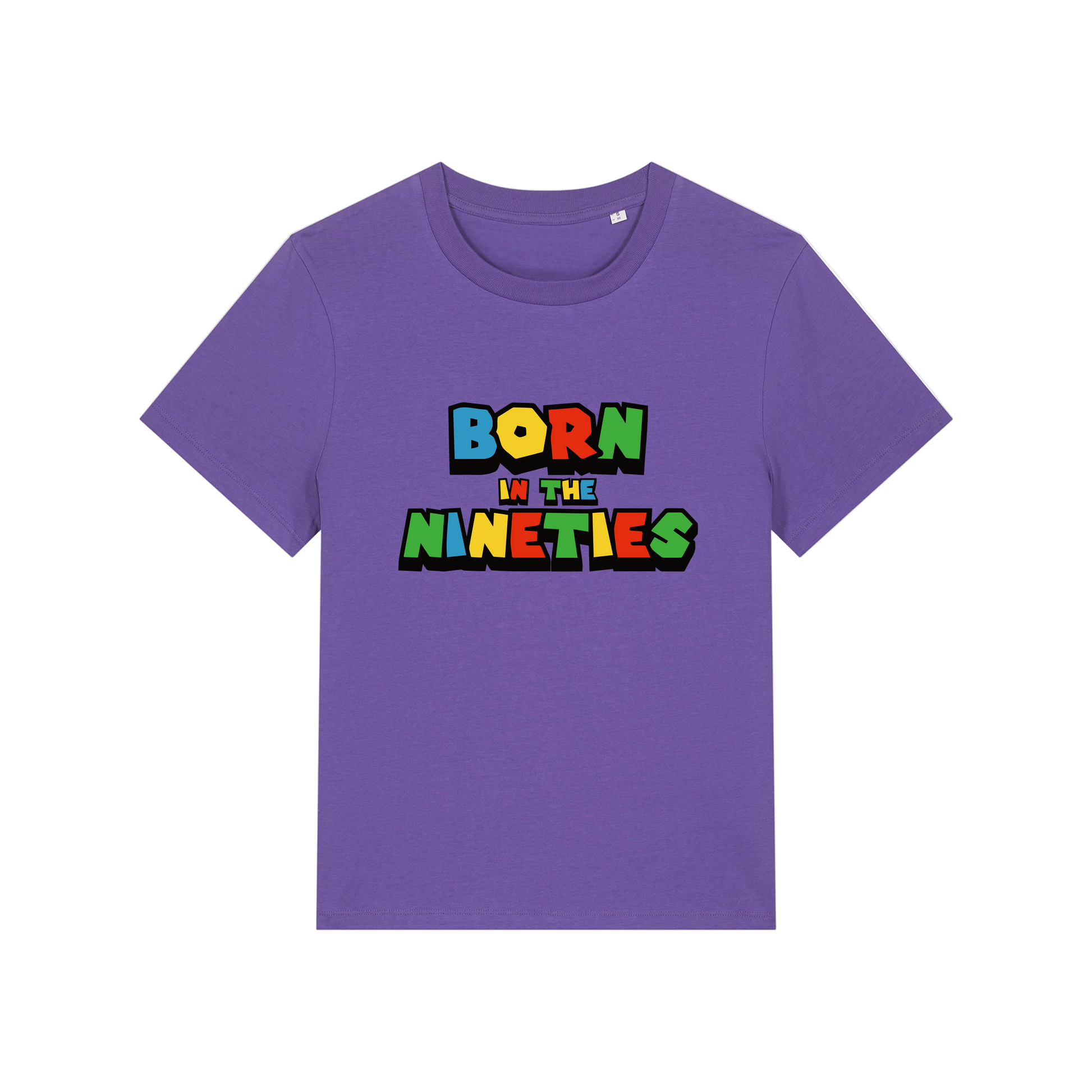 purple slogan t-shirt that reads 'born in the nineties'