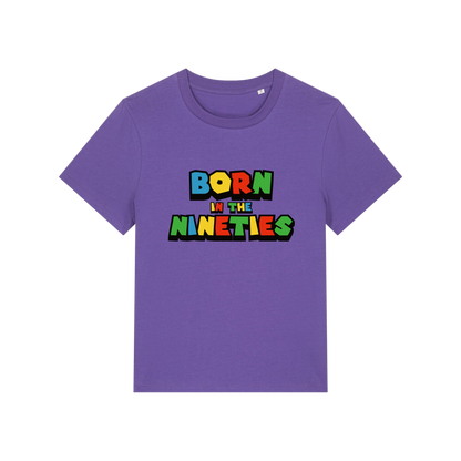 purple slogan t-shirt that reads 'born in the nineties'