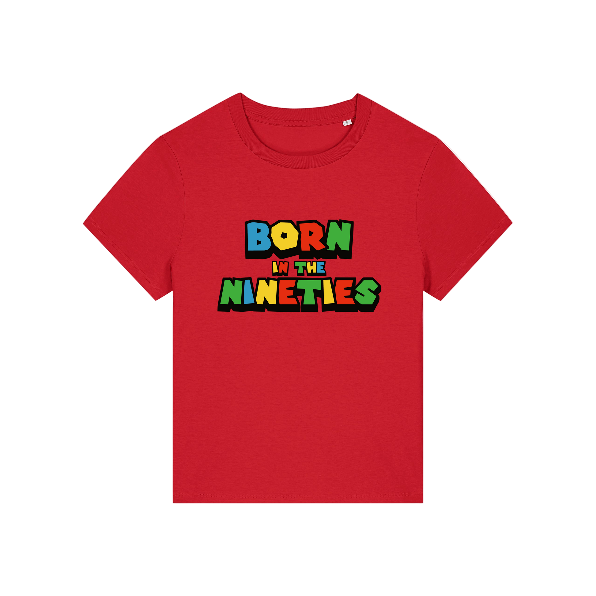 red slogan t-shirt that reads 'born in the nineties'