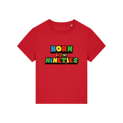 red slogan t-shirt that reads 'born in the nineties'