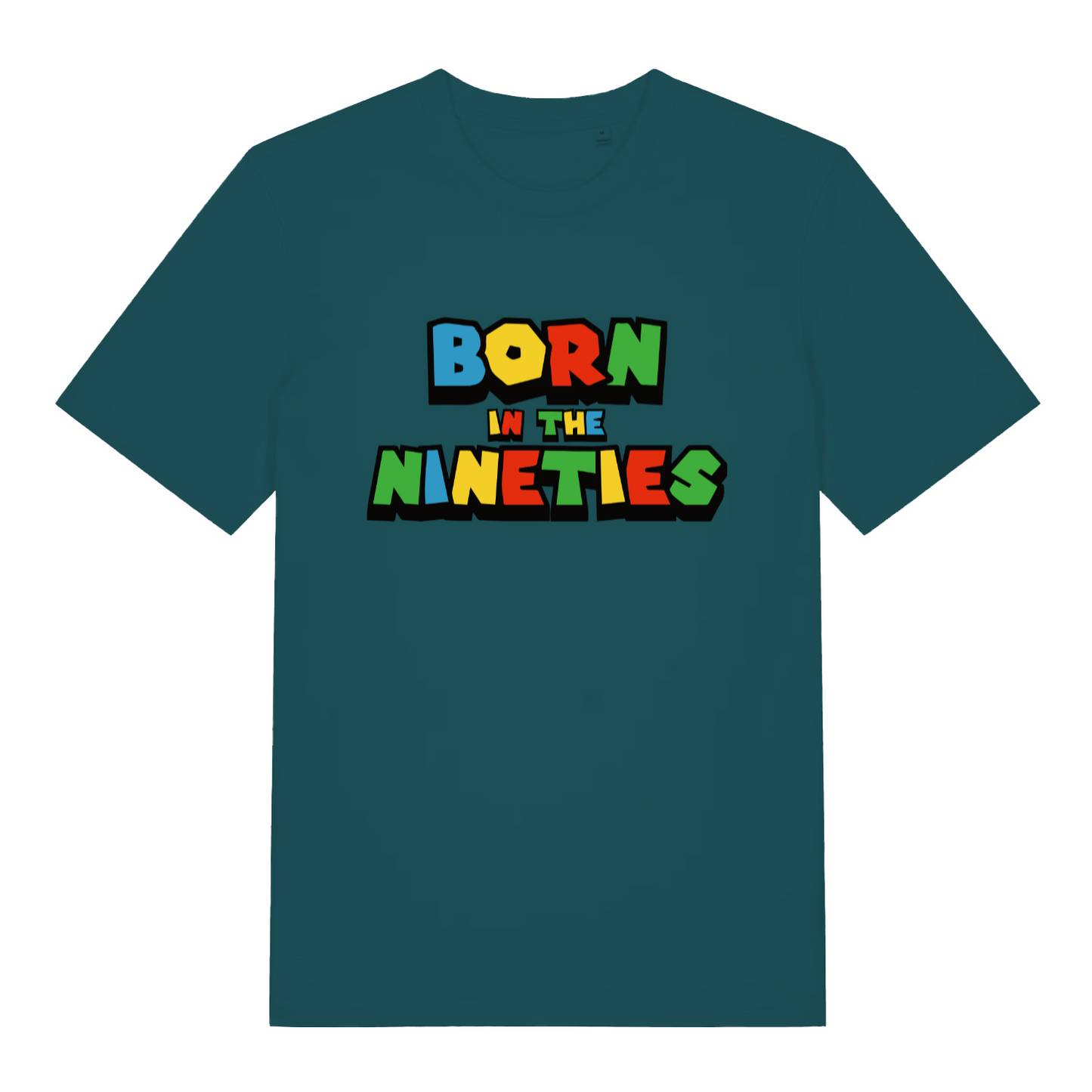 teal women's slogan t-shirt with the text 'born in the nineties'