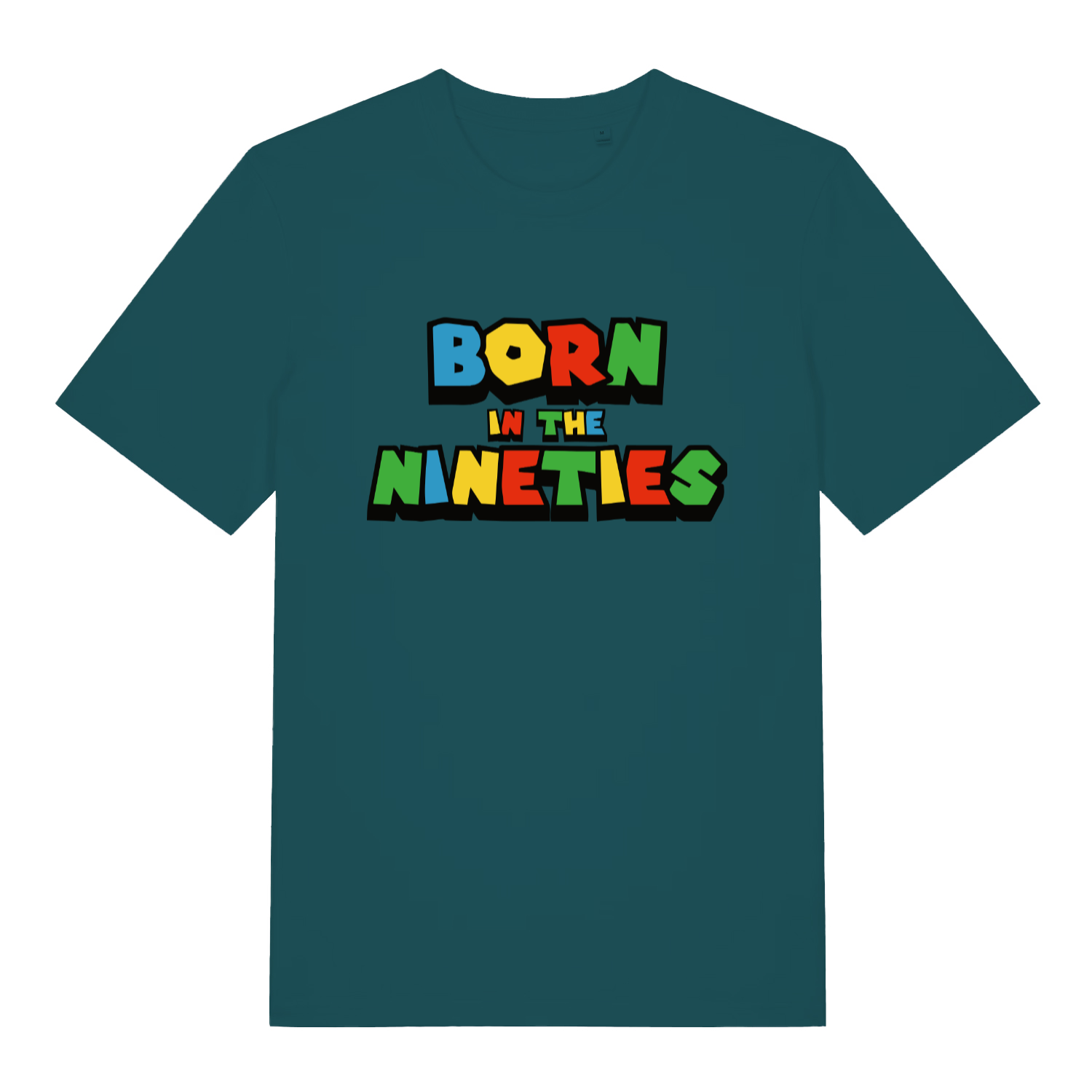 teal women's slogan t-shirt with the text 'born in the nineties'