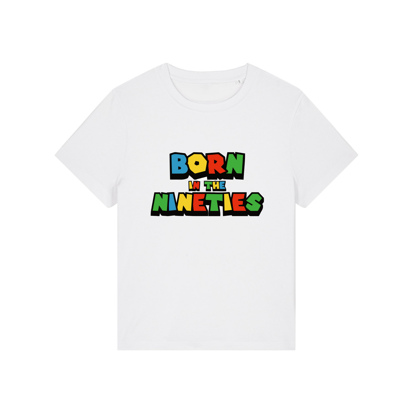 white slogan t-shirt that reads 'born in the nineties'