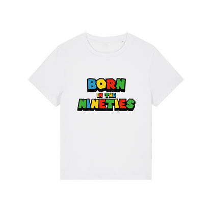 white slogan t-shirt that reads 'born in the nineties'