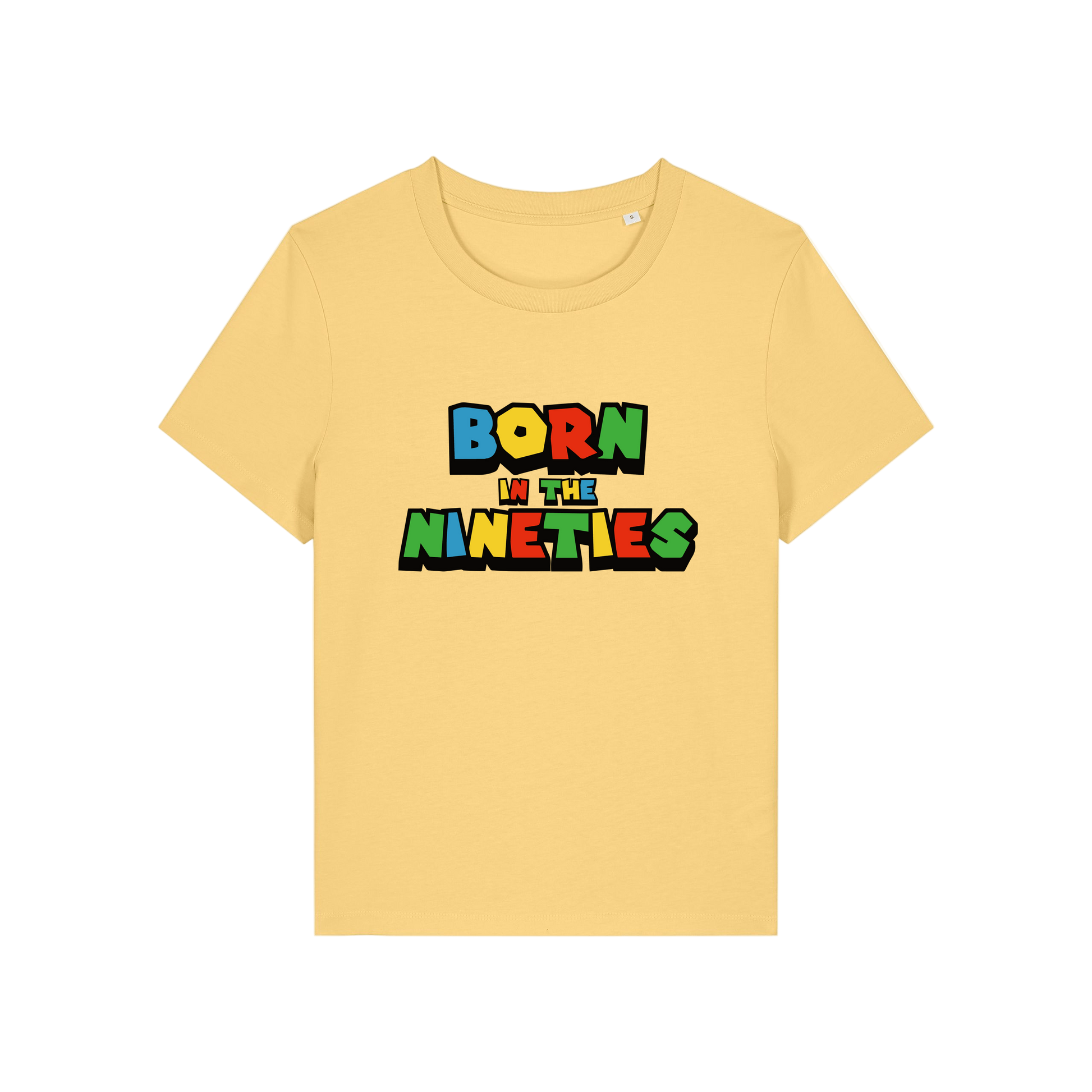 yellow slogan t-shirt that reads 'born in the nineties'