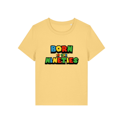 yellow slogan t-shirt that reads 'born in the nineties'