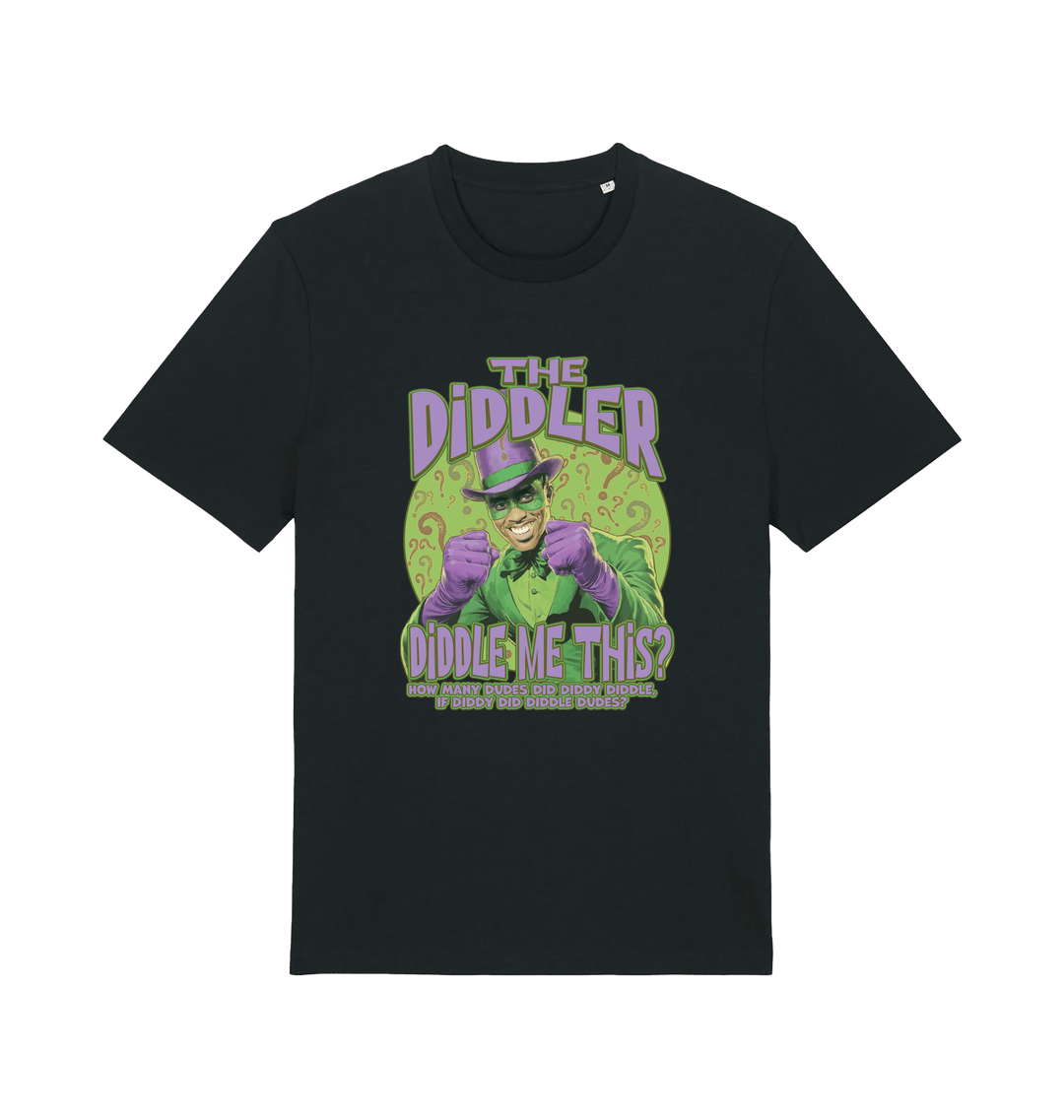 black funny offensive t-shirt with the  graphic mashup of Sean Diddy Combs reimagined as The Riddler