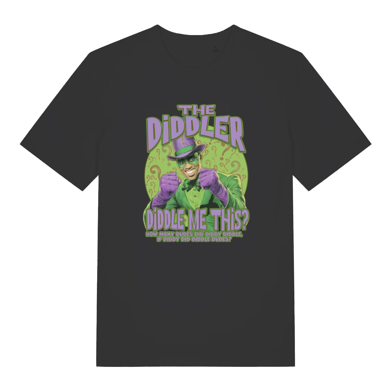 black funny offensive t-shirt with the graphic of the diddler and the slogan 'how many dudes did diddy diddle if diddy did diddled dudes'