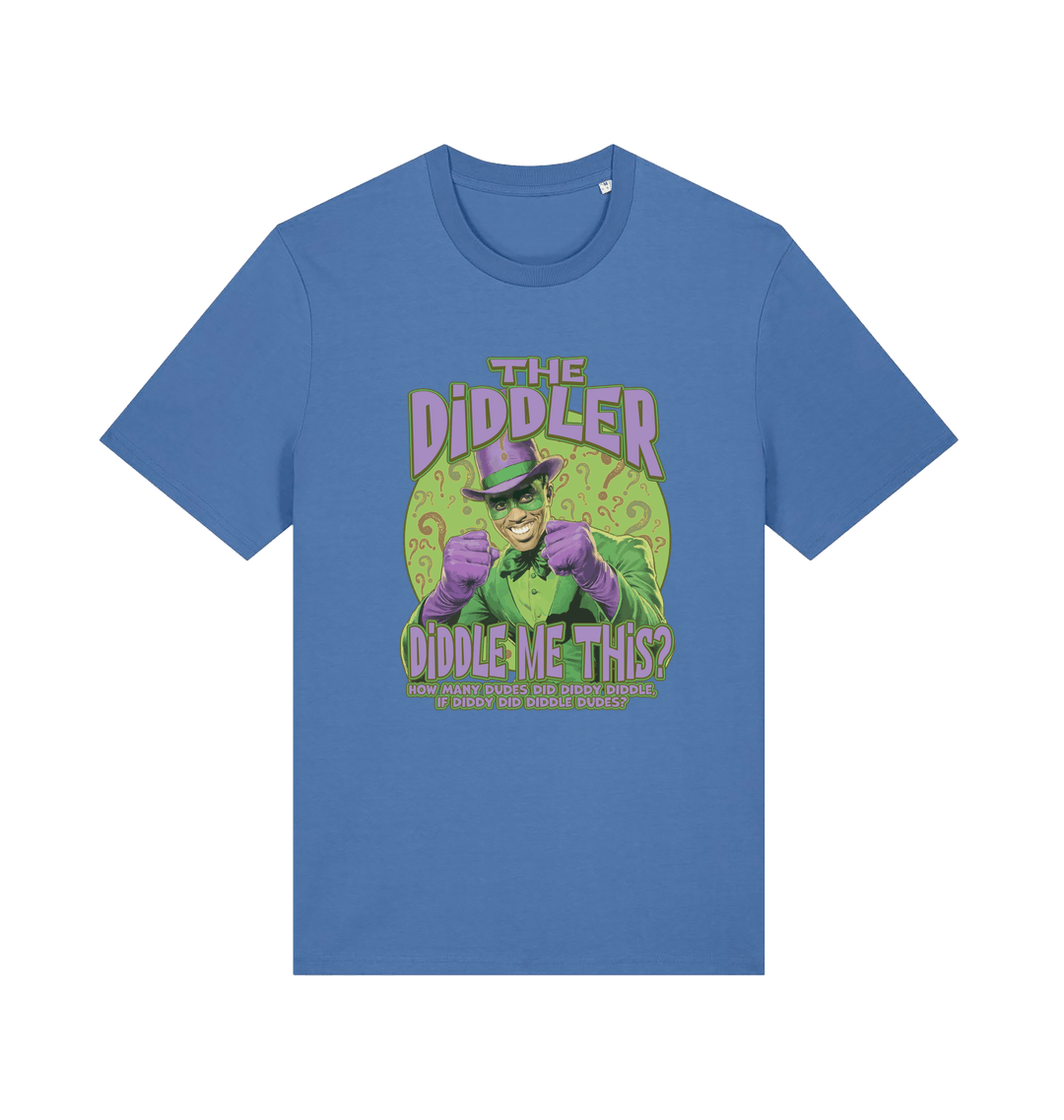 blue funny offensive t-shirt with the  graphic mashup of Sean Diddy Combs reimagined as The Riddler