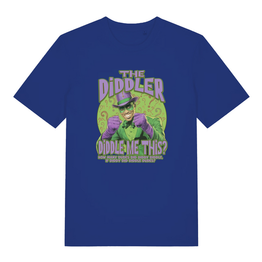 blue funny offensive t-shirt with the graphic of the diddler and the slogan 'how many dudes did diddy diddle if diddy did diddled dudes'