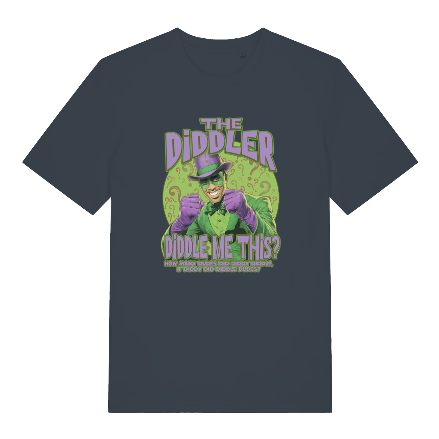 ink grey funny offensive t-shirt with the graphic of the diddler and the slogan 'how many dudes did diddy diddle if diddy did diddled dudes'