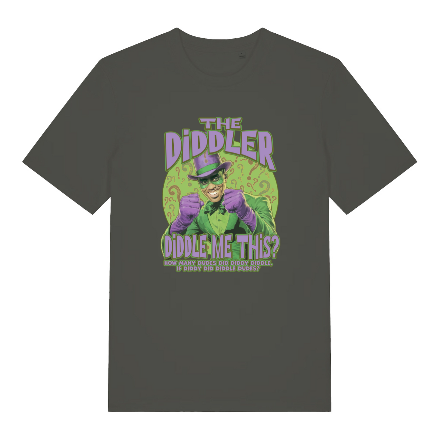 khaki funny offensive t-shirt with the graphic of the diddler and the slogan 'how many dudes did diddy diddle if diddy did diddled dudes'