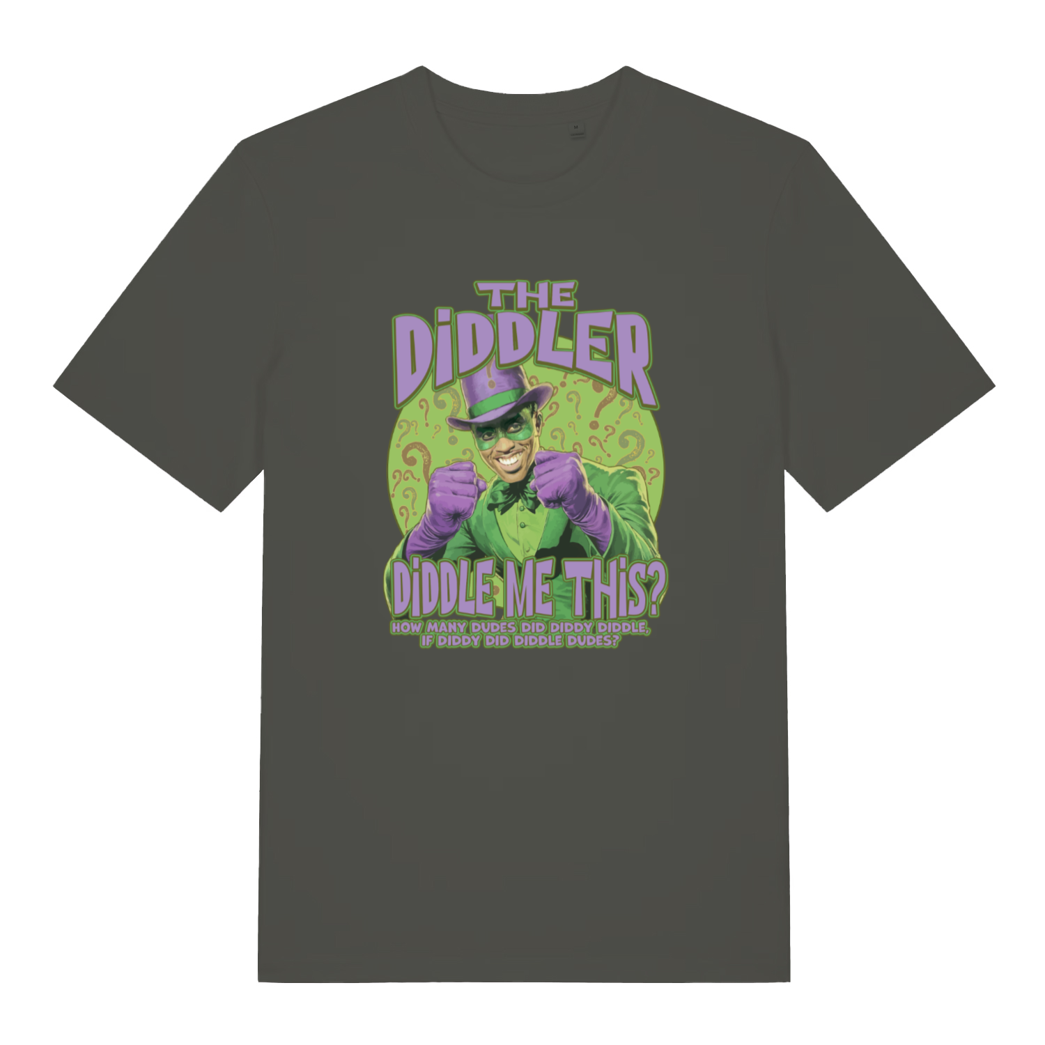 khaki funny offensive t-shirt with the graphic of the diddler and the slogan 'how many dudes did diddy diddle if diddy did diddled dudes'