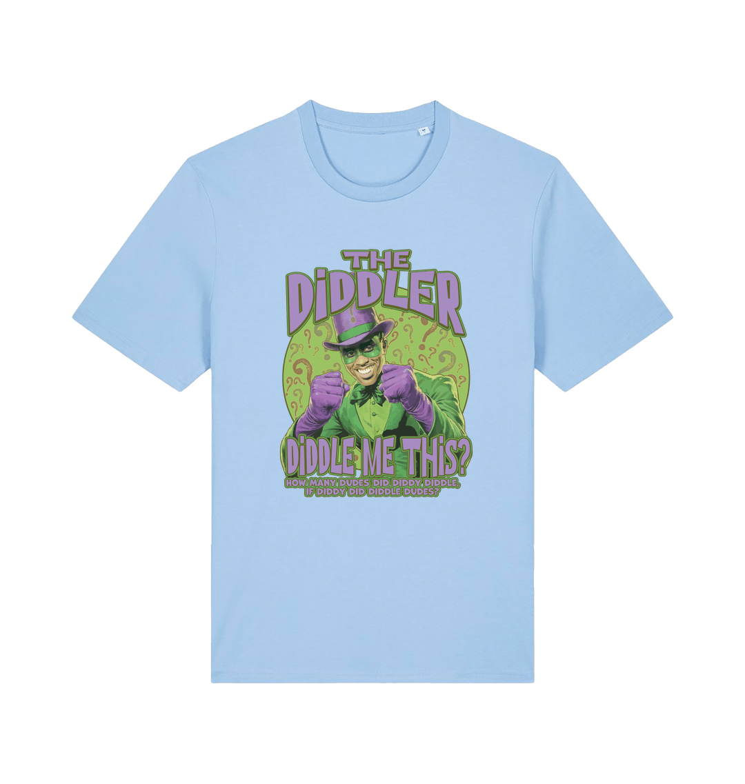 light blue funny offensive t-shirt with the  graphic mashup of Sean Diddy Combs reimagined as The Riddler