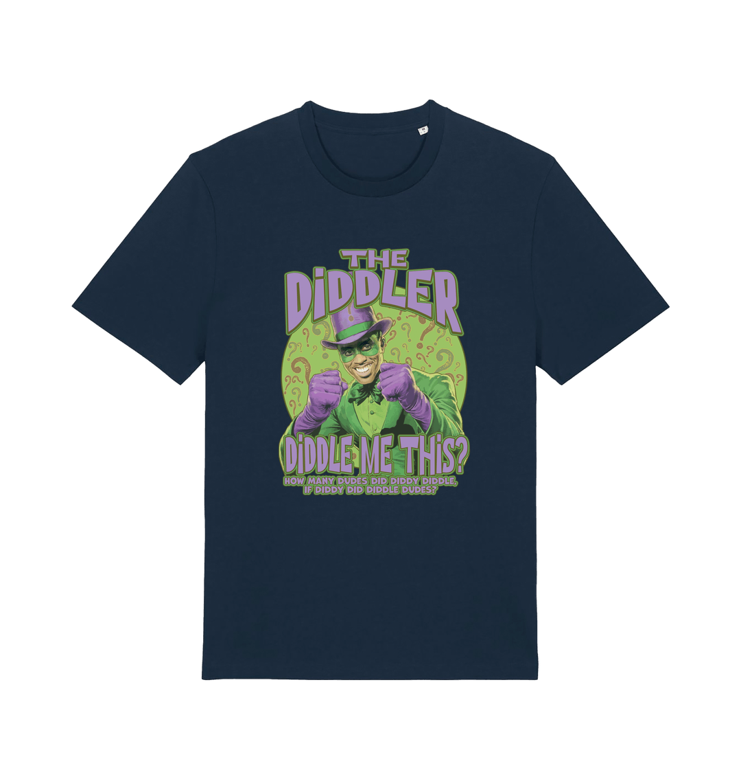 navy funny offensive t-shirt with the  graphic mashup of Sean Diddy Combs reimagined as The Riddler