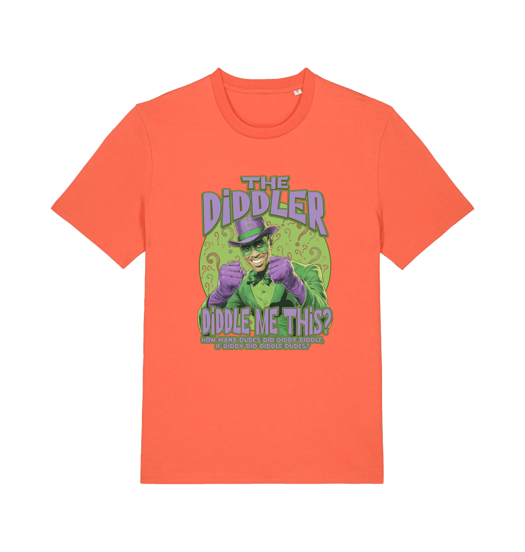 orange funny offensive t-shirt with the  graphic mashup of Sean Diddy Combs reimagined as The Riddler