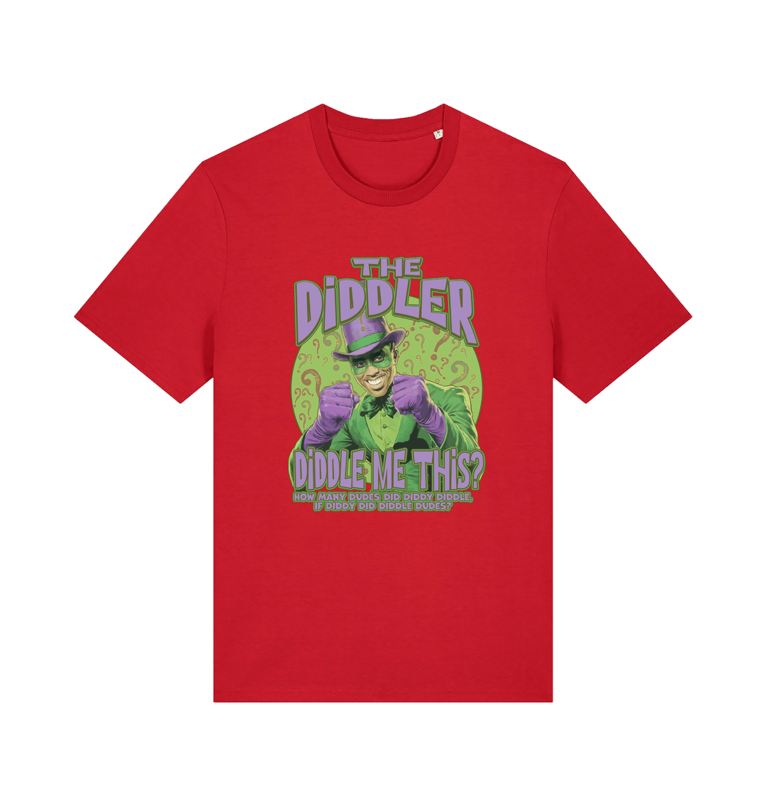 red funny offensive t-shirt with the  graphic mashup of Sean Diddy Combs reimagined as The Riddler