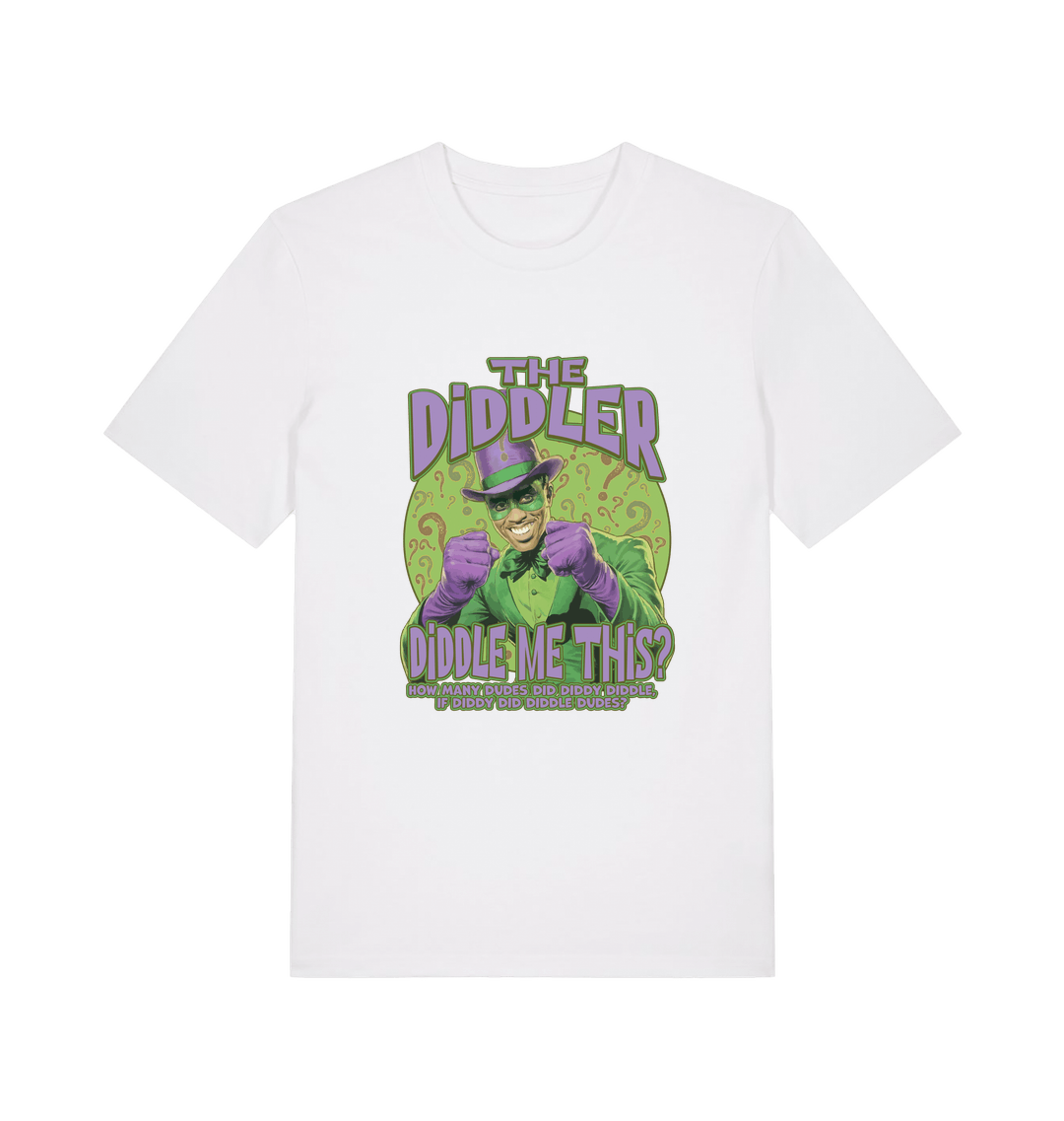 white funny offensive t-shirt with the  graphic mashup of Sean Diddy Combs reimagined as The Riddler