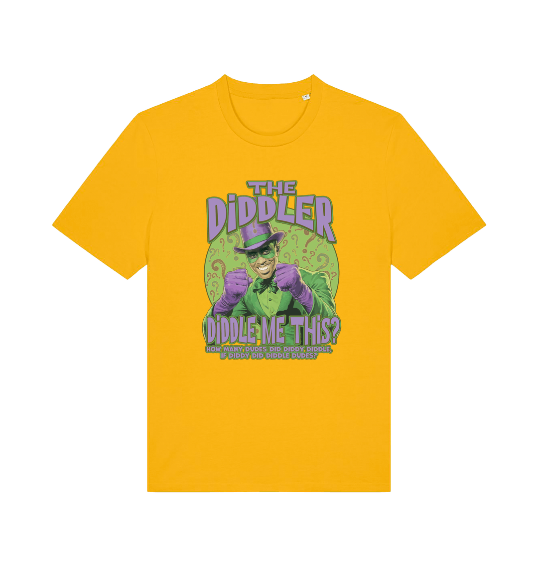 yellow funny offensive t-shirt with the  graphic mashup of Sean Diddy Combs reimagined as The Riddler