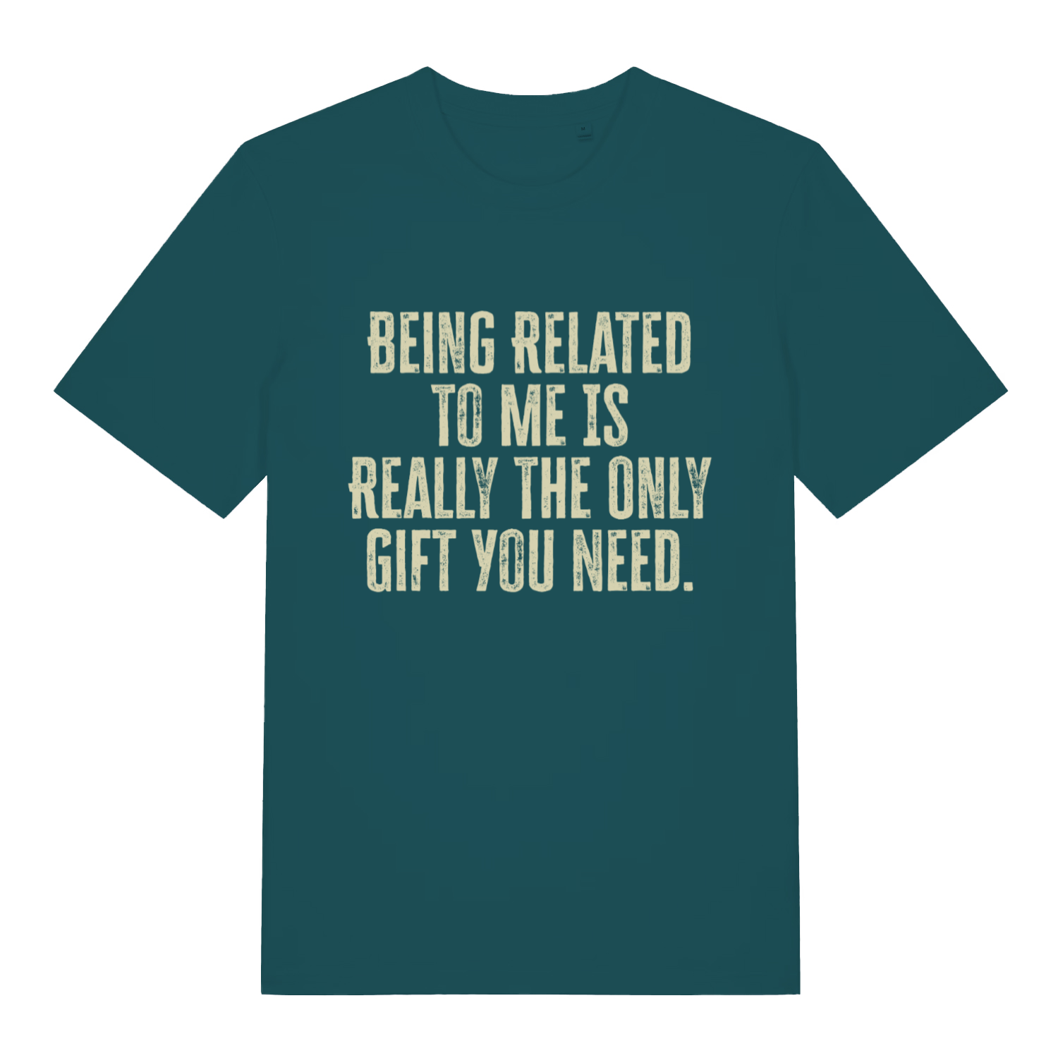 teal women's slogan t-shirt with the text 'being related to me is really the only gift you need'