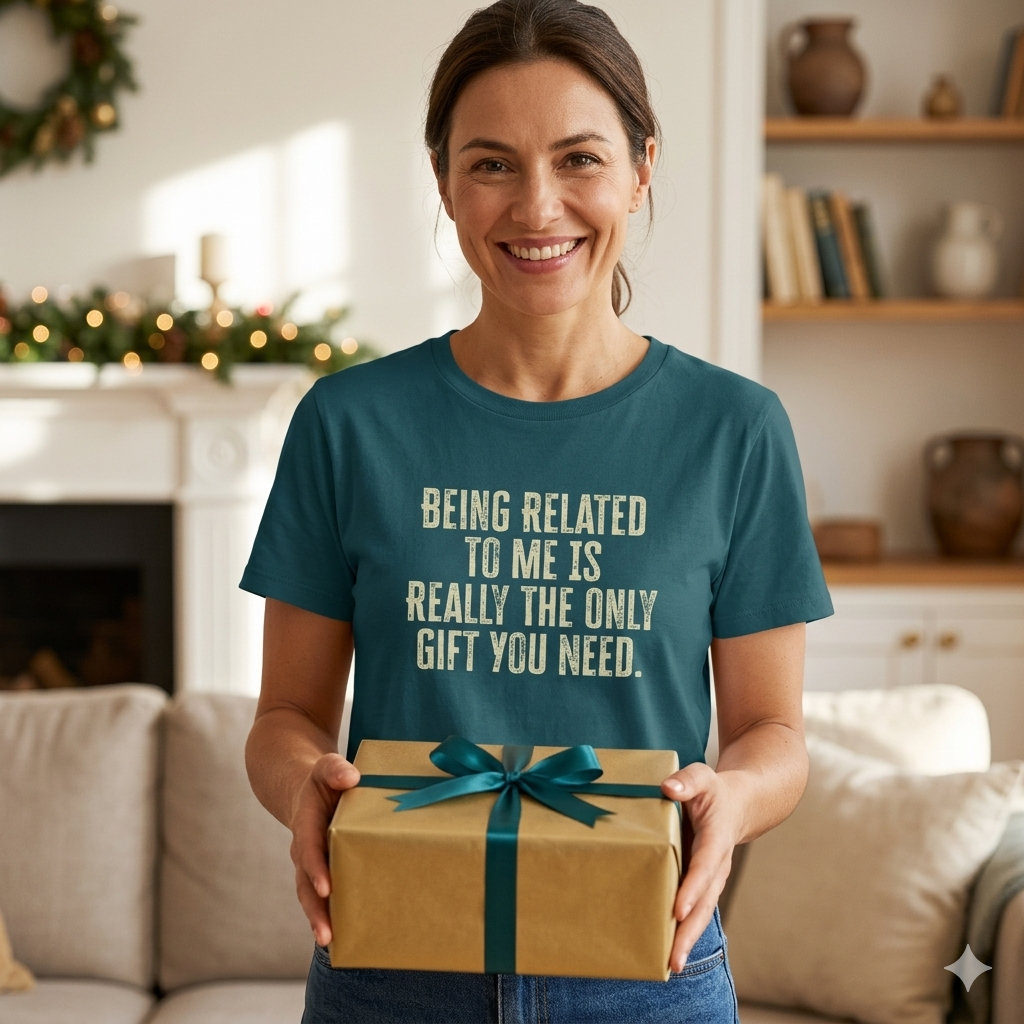 Woman wearing a teal t-shirt with a humorous message, holding a gift in a cozy living room.