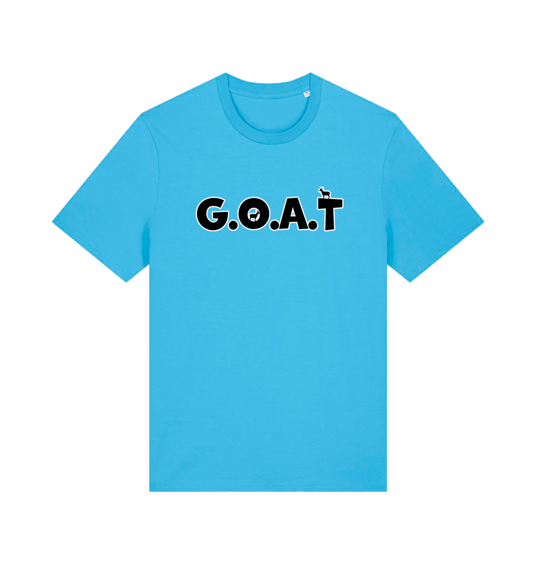 blue slogan t-shirt with 'goat'