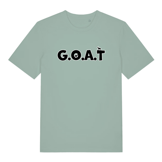 green slogan t-shirt with the text 'goat'